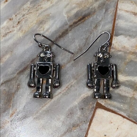 Cute Robot Small Earrings Silver Movable Arms - Picture 1 of 3